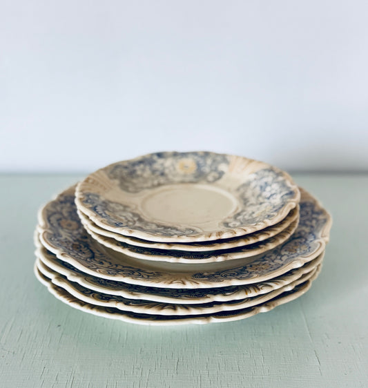 Set of 7 Vintage Porcelain Blue and Yellow Floral Patterned Plates