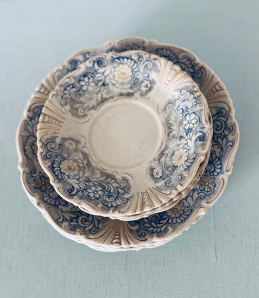 Set of 7 Vintage Porcelain Blue and Yellow Floral Patterned Plates