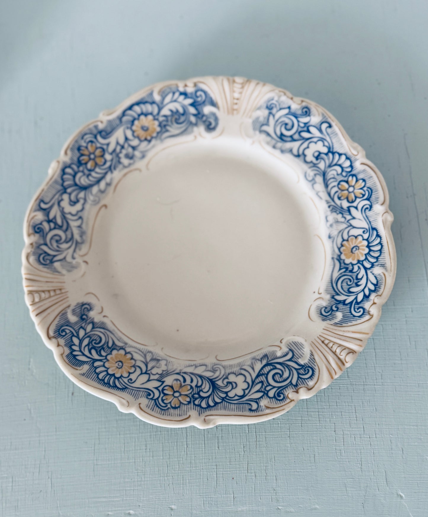 Set of 7 Vintage Porcelain Blue and Yellow Floral Patterned Plates