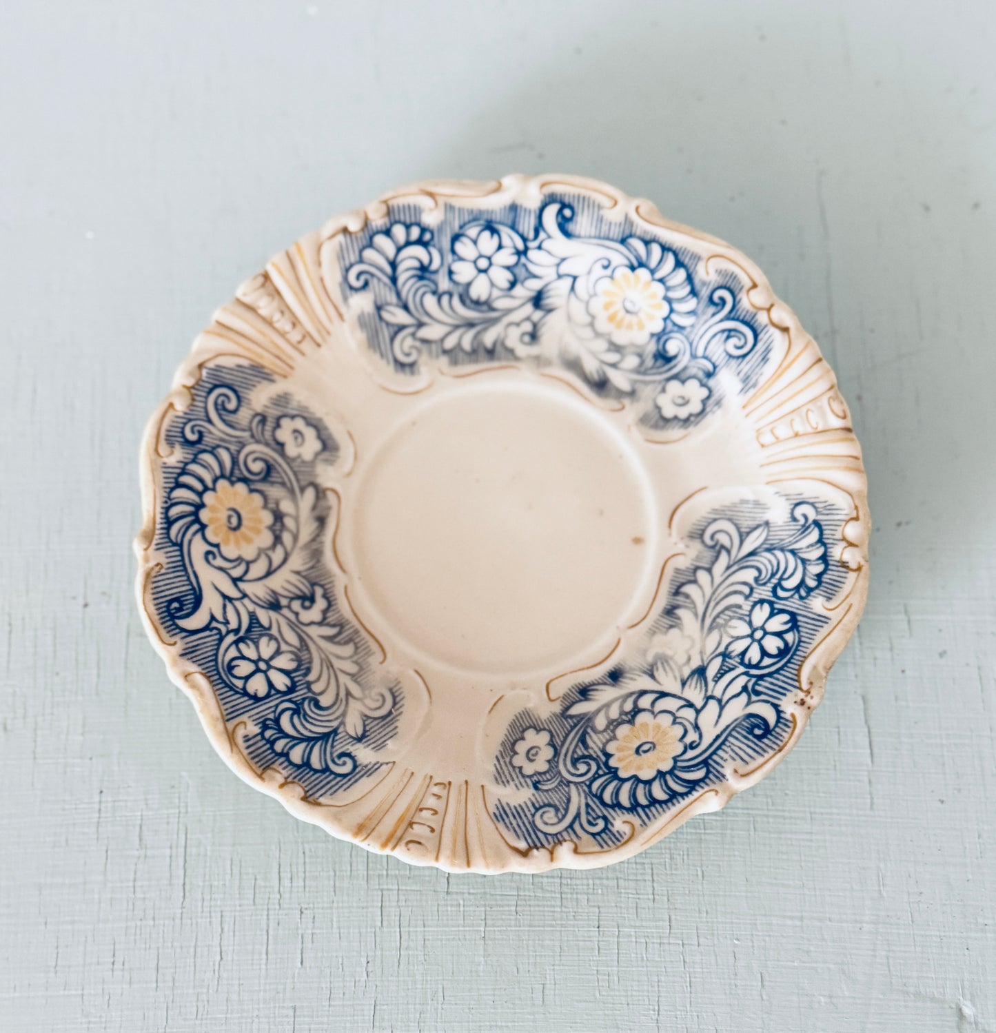 Set of 7 Vintage Porcelain Blue and Yellow Floral Patterned Plates