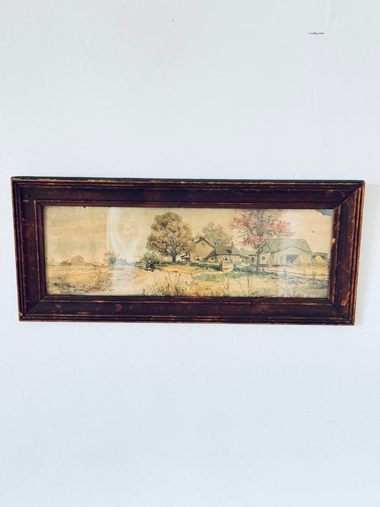 Vintage Rectangular Wooden Framed Rural Landscape Print
